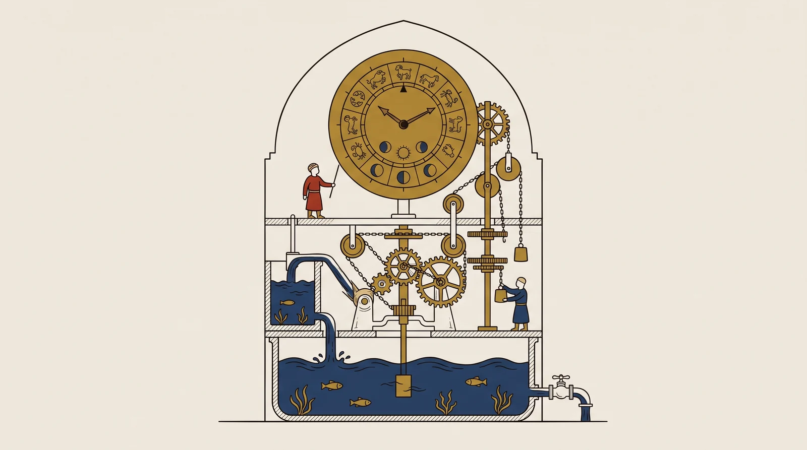 رَسمٌ لِساعَةٍ مائِيَّةٍ على طِرازِ المَخطوطاتِ العِلمِيَّةِ العَرَبِيَّة: قُرصٌ فَلَكِيٌّ في الأعلى، وتُروسٌ وأثقالٌ وخَزّانُ ماءٍ أسفَلَه